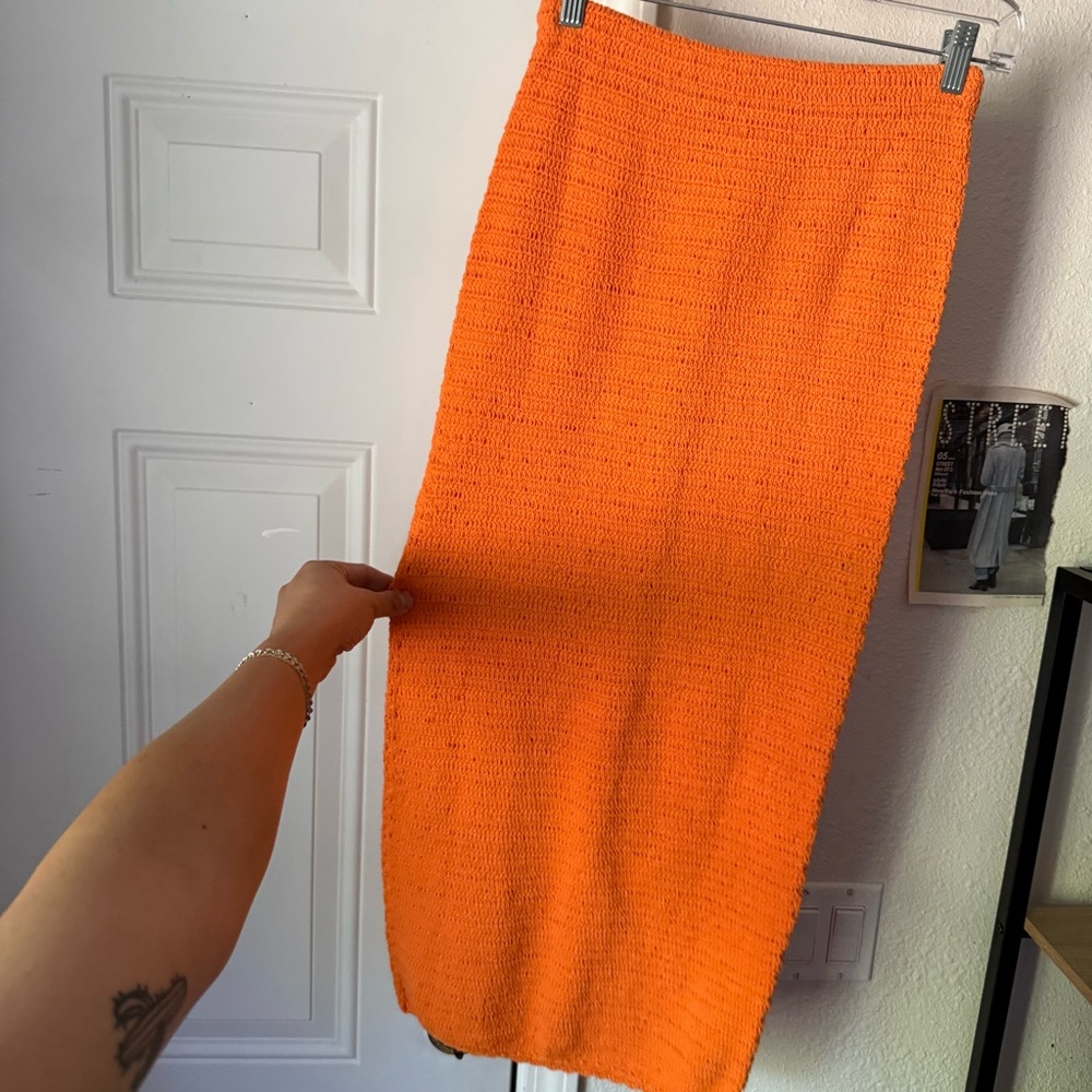 EUNOIA orange crochet‎ open chunky knit bodycon midi maxi skirt - Picture 2 of 3